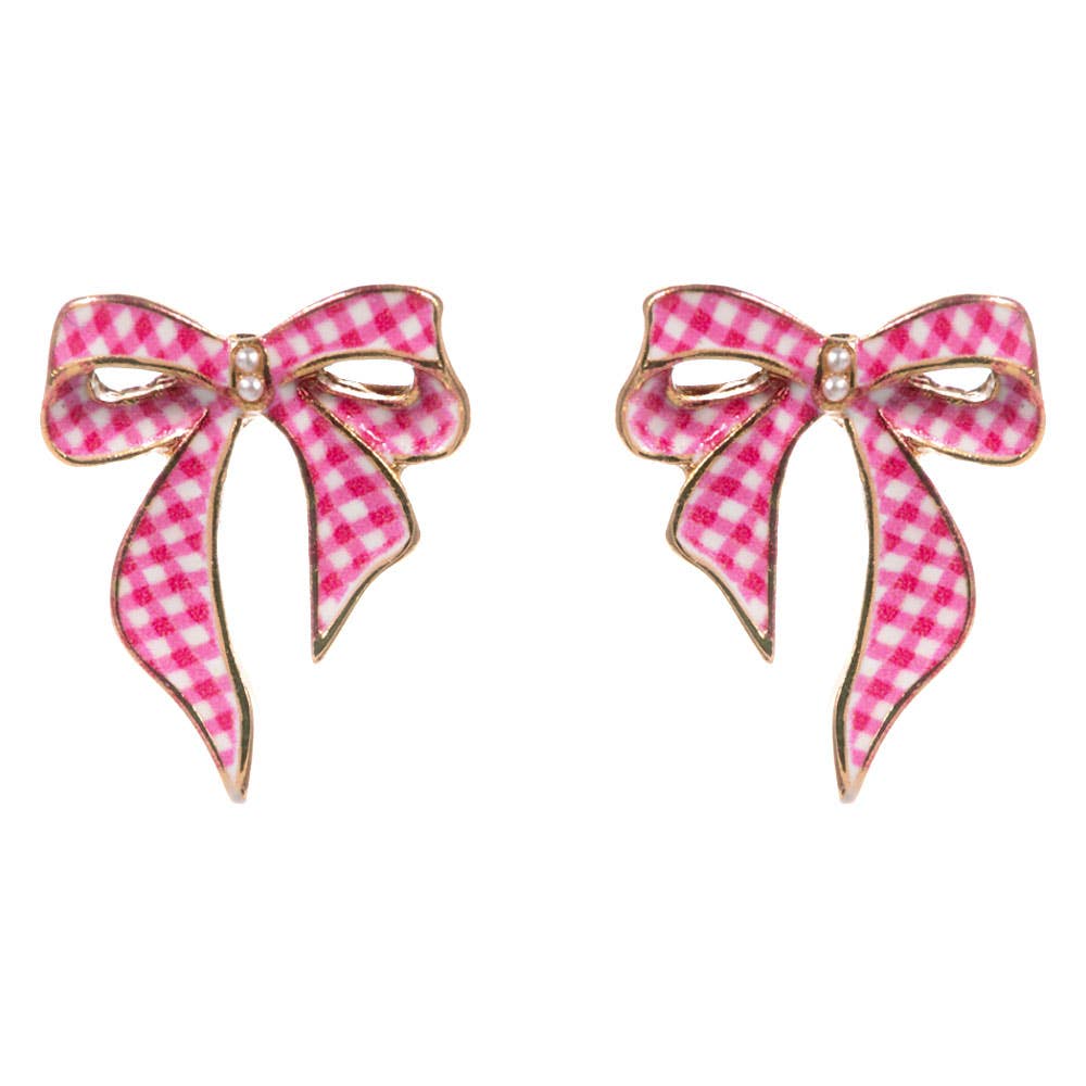 Gingham Pattern Bow Stud Earrings