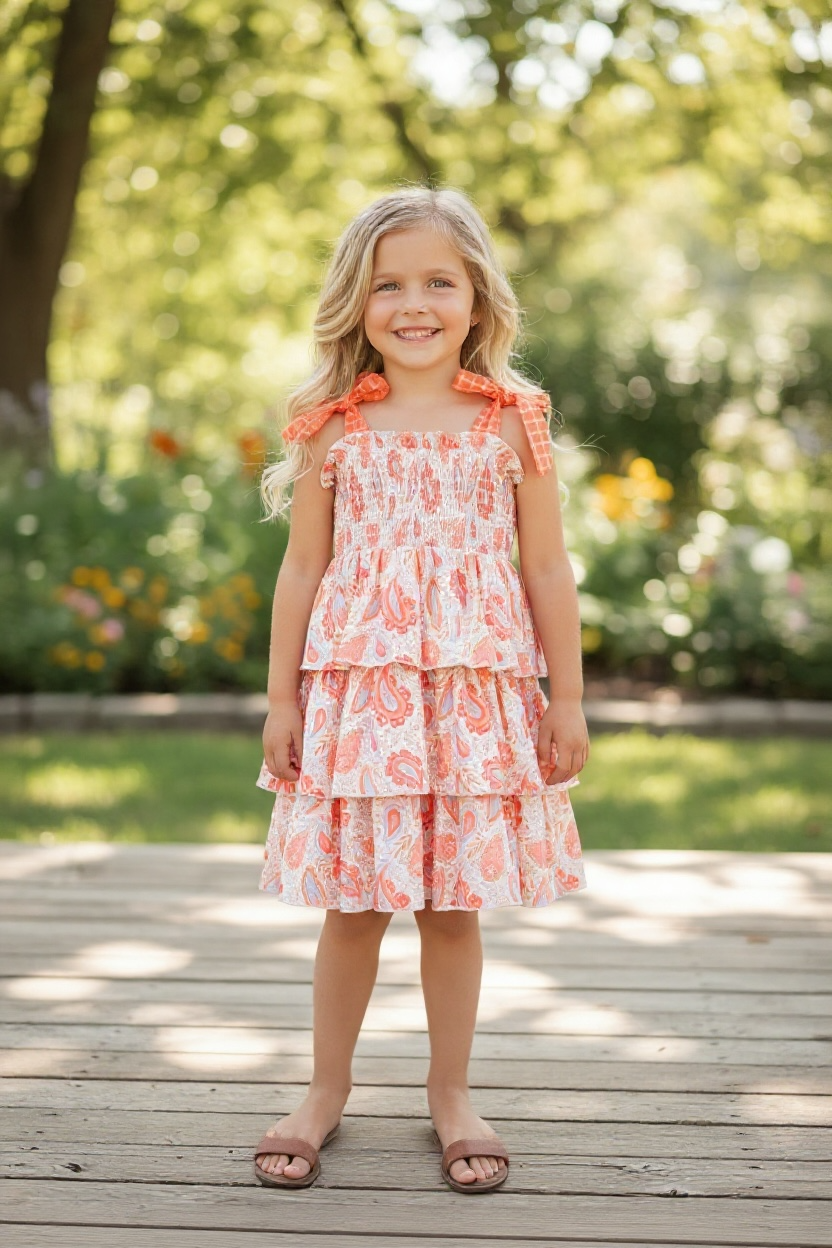 3 Tiered layered dress w/orange printed paisley.