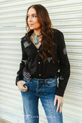 Plus Black Boot-stitch Embroidered Pearl Snap Collar Shirt