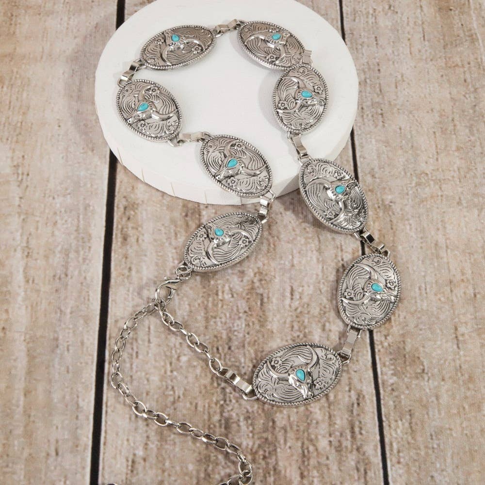 Turquoise Stud Bull Head Concho Chain Belt