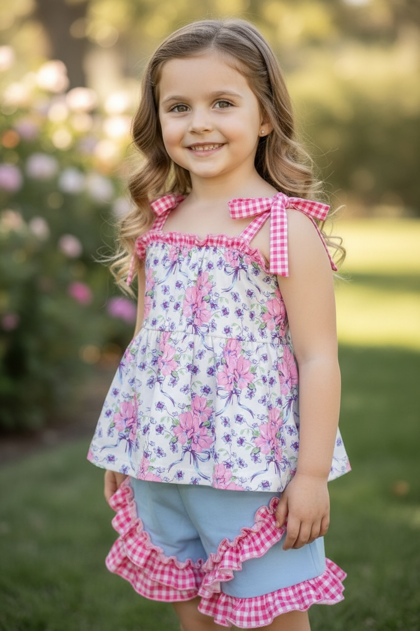 Purple/pink floral tunic with gingham straps and blue shorts.