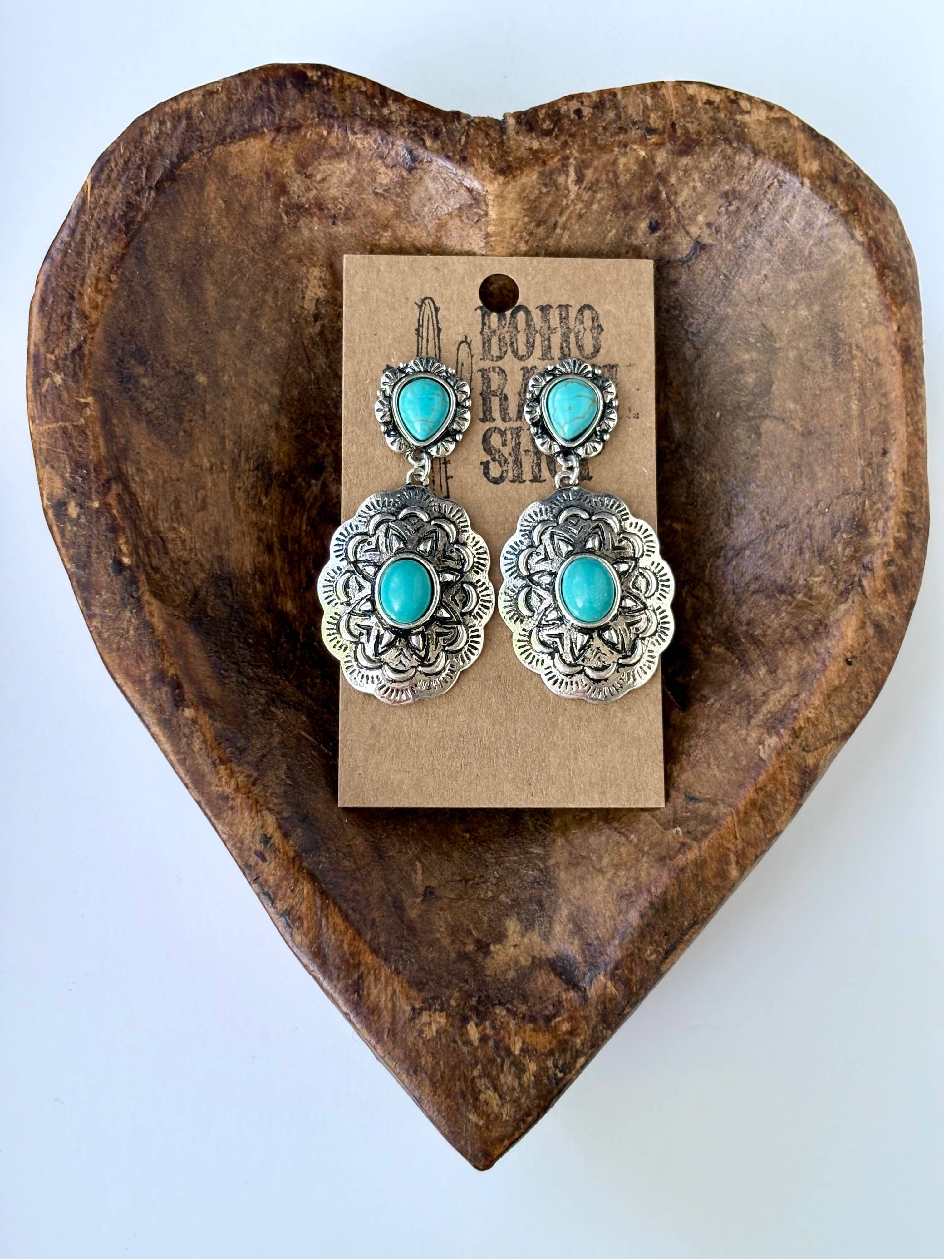 Western Concho Turquoise Stone Post Drop Earrings