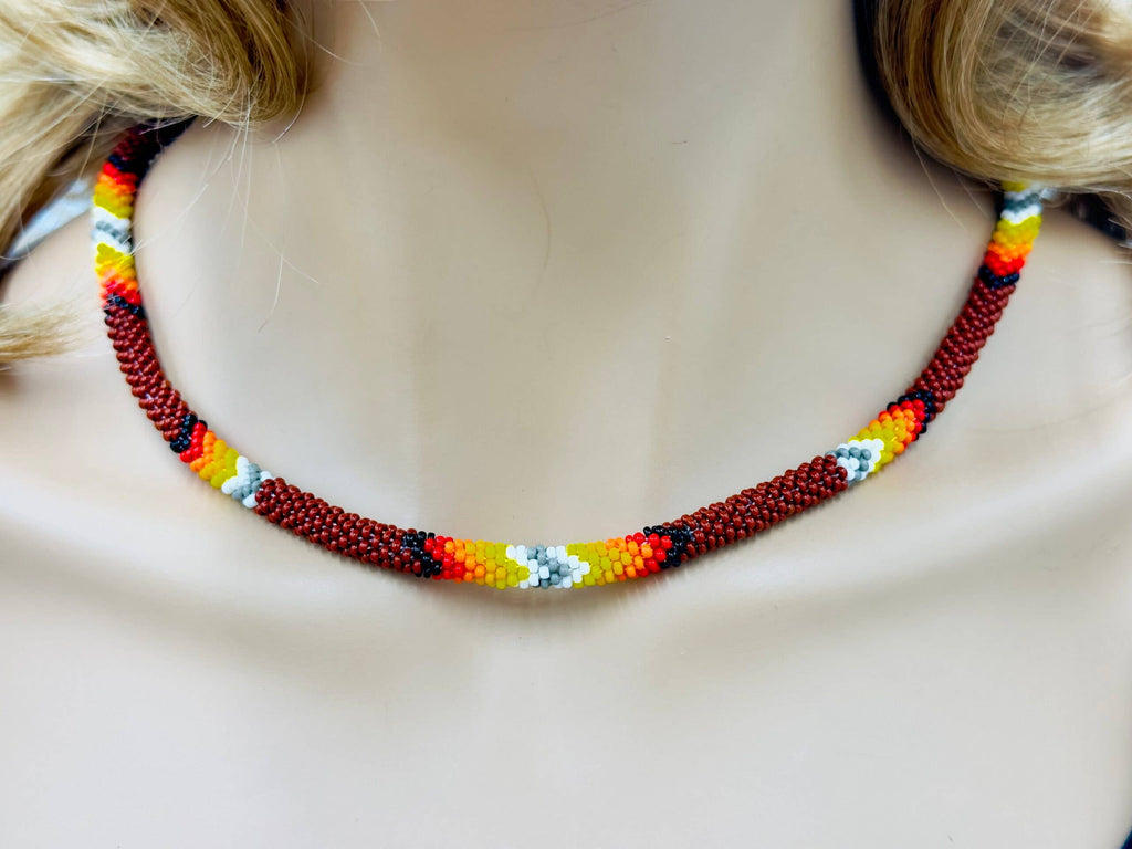 Handmade Native Style Beaded Rope Necklace - Brown Woven