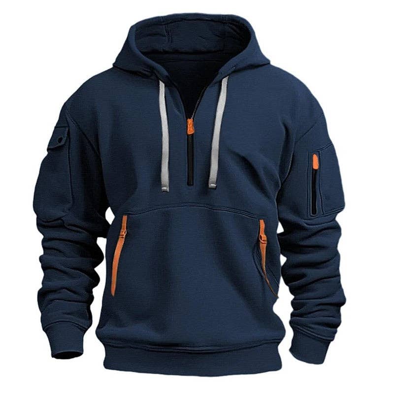 Men's Hooded Zip-Up Sweatshirt With Pockets Jacket in navy color featuring practical zip pockets.