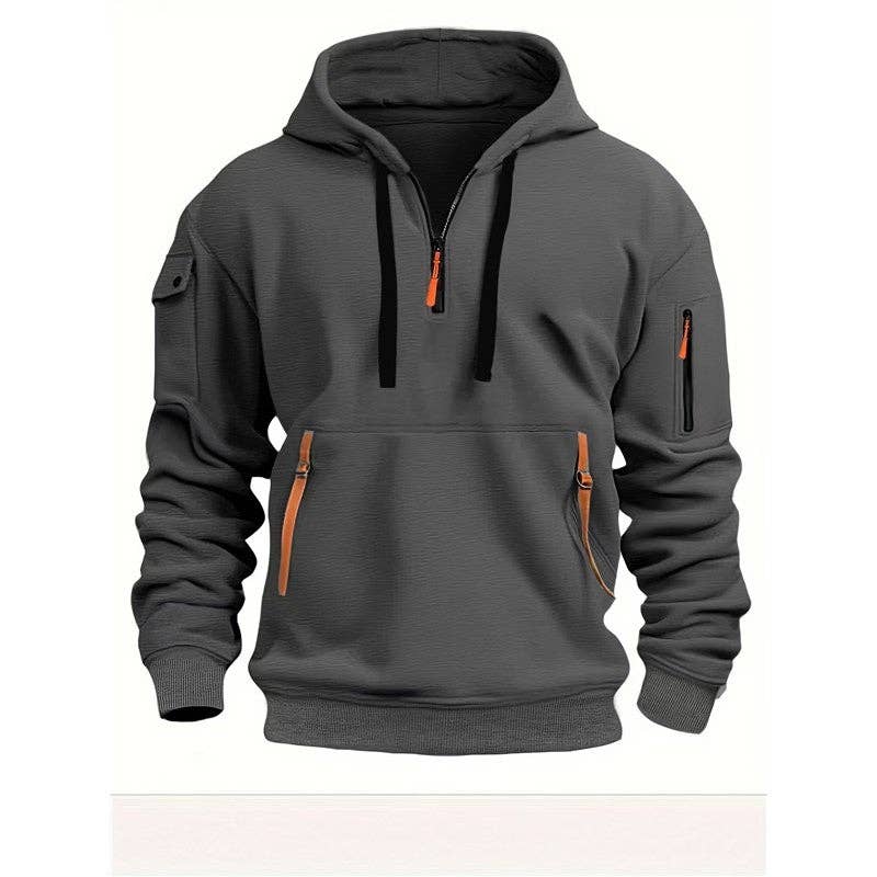 Men's Hooded Zip-Up Sweatshirt With Pockets Jacket in gray with orange zippers and practical design.