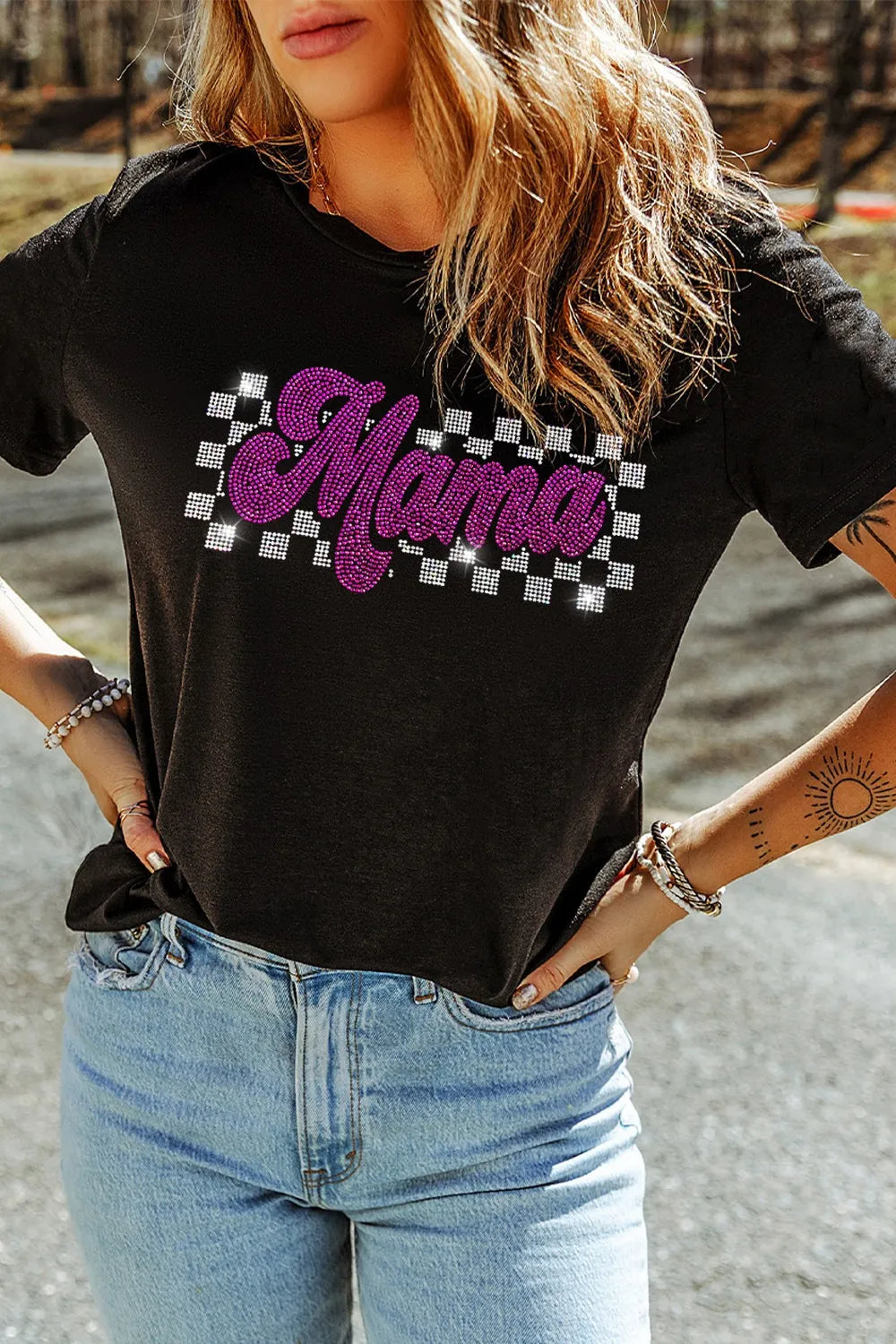 MAMA Rhinestone Letter Round Neck T-Shirt worn by a model, showcasing a stylish black tee with rhinestones.