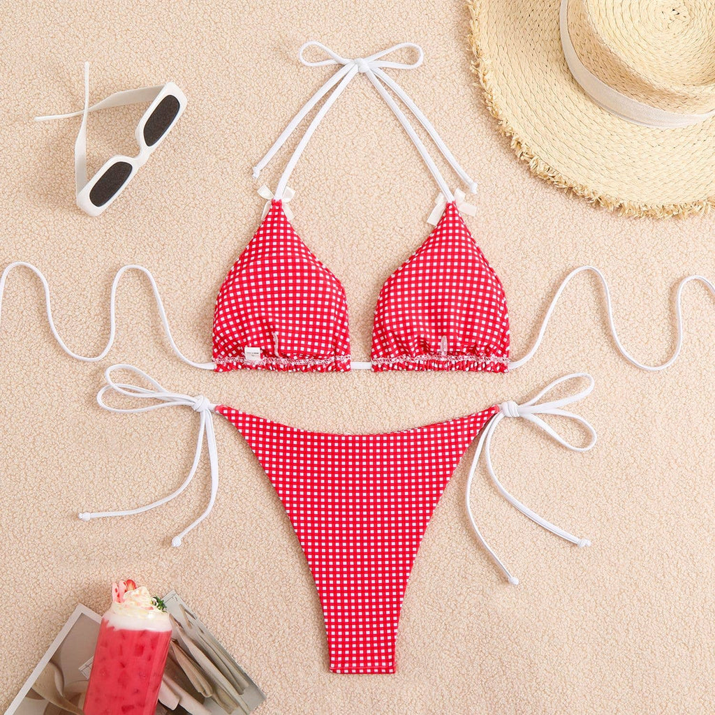 Check Bow Sexy Split Bikini Swimsuit