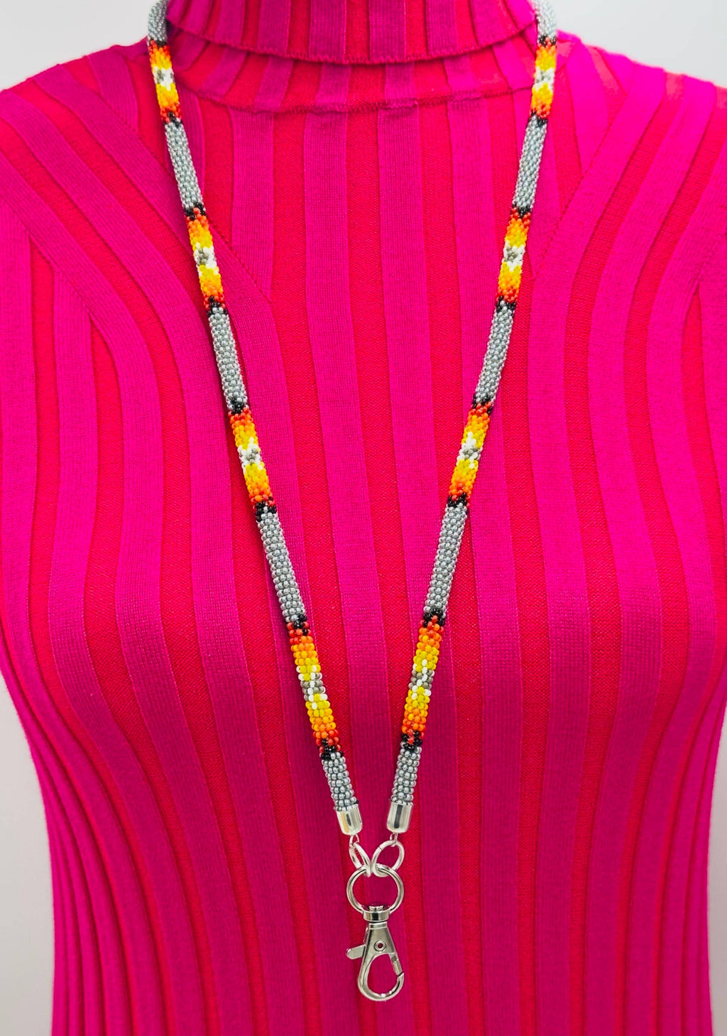 Handmade beaded Grey rope style lanyard featuring Czech glass beads in vibrant colors.