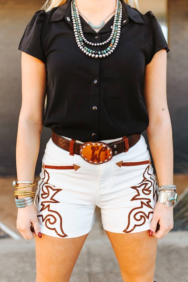 Ivory W Brown Western Pocket Boot-stitch Shorts (5")