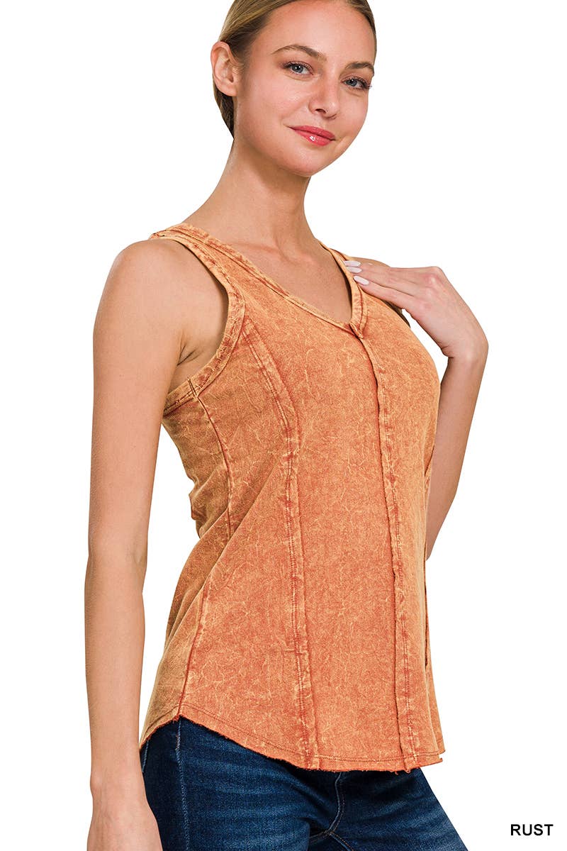 `.Washed Raw Edge V Neck Sleeveless Top