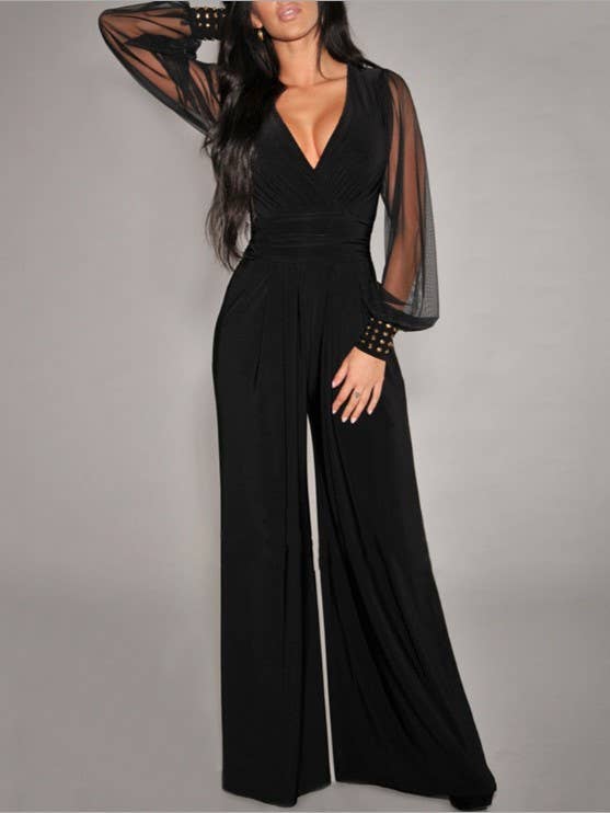 Mesh Panelled Studded Straight-Leg Jumpsuit