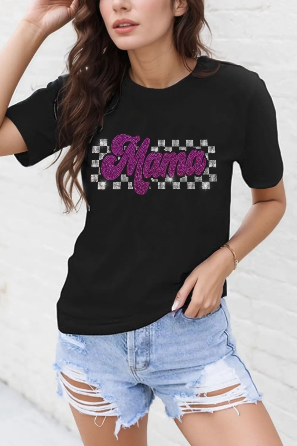 MAMA Rhinestone Letter Round Neck T-Shirt worn by a model, featuring sparkling rhinestone detail on a black background.