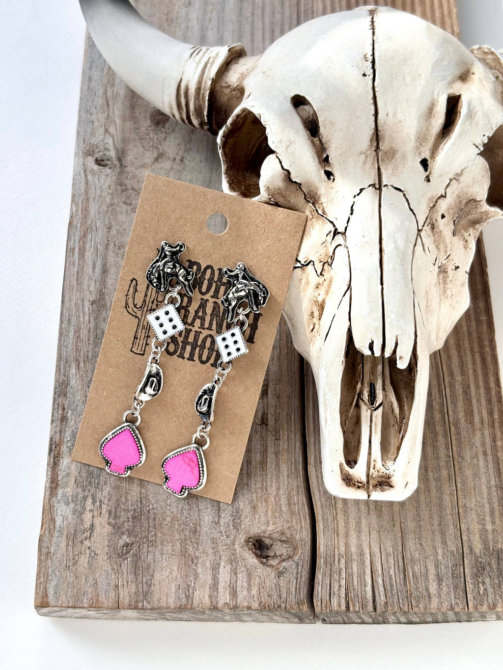 4 Tier Western Rodeo Dice Spade Stone Post Drop Earrings