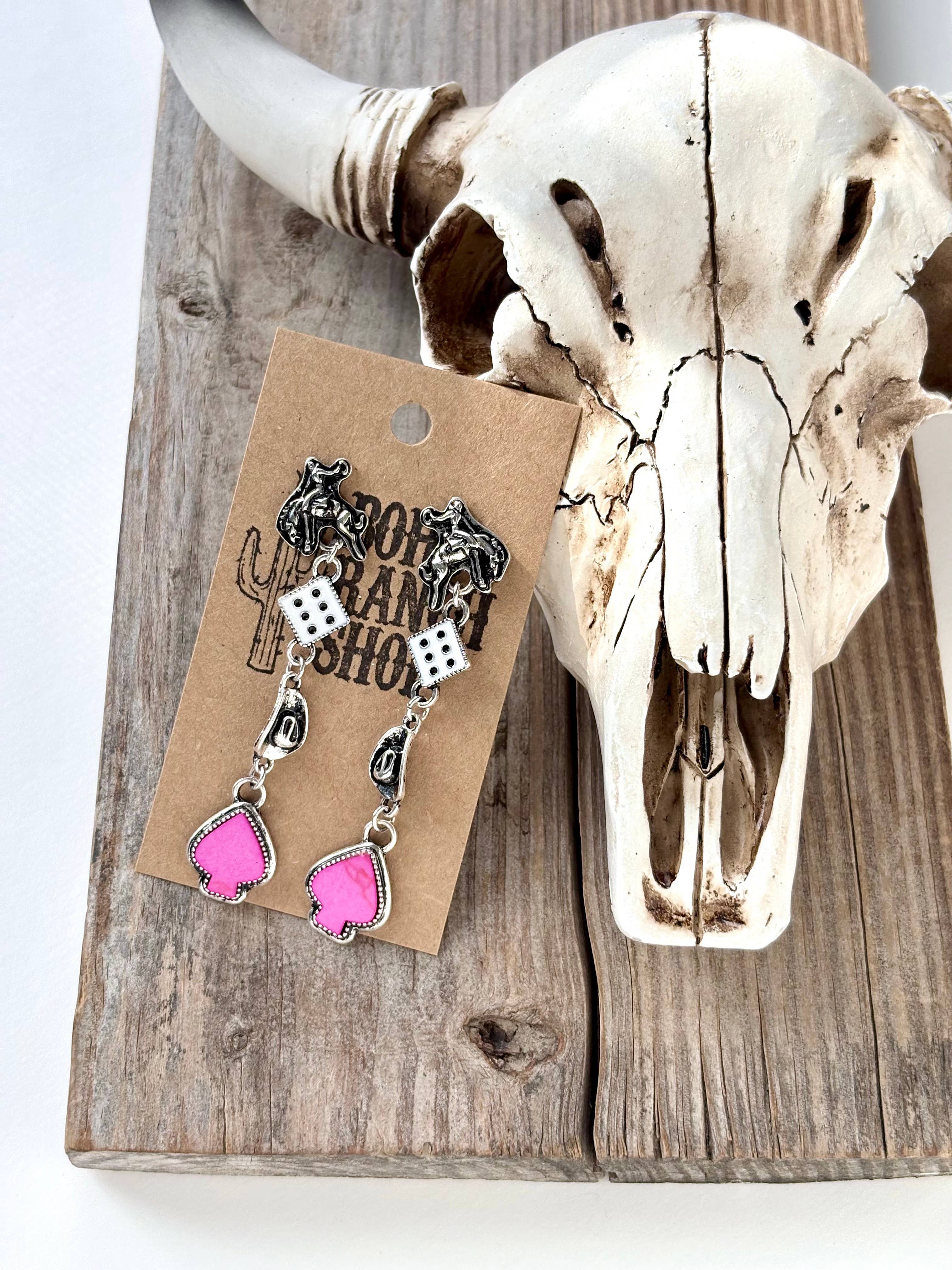 4 Tier Western Rodeo Dice Spade Stone Post Drop Earrings