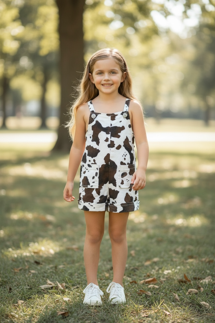 Cow printed denim overalls with front and back pockets.