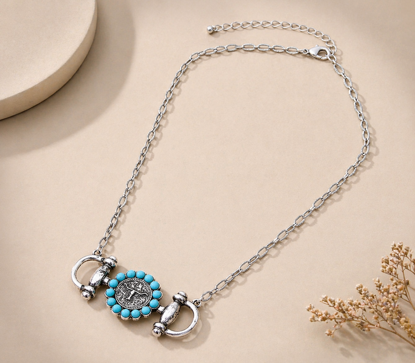 Western Style Horsebit Pendant Link Chain Steerhead Necklace