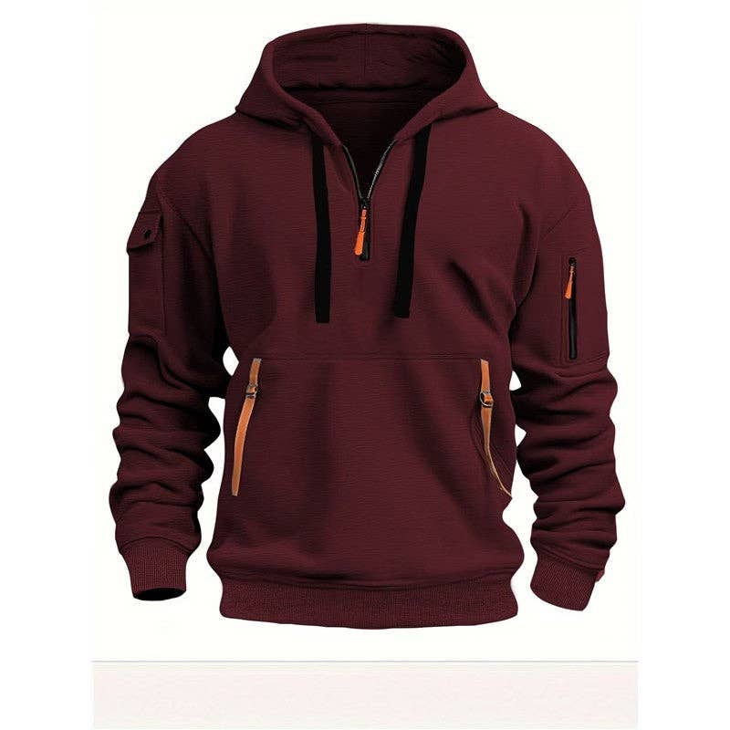 Men's Hooded Zip-Up Sweatshirt With Pockets Jacket in maroon color, showcasing practicality and style.
