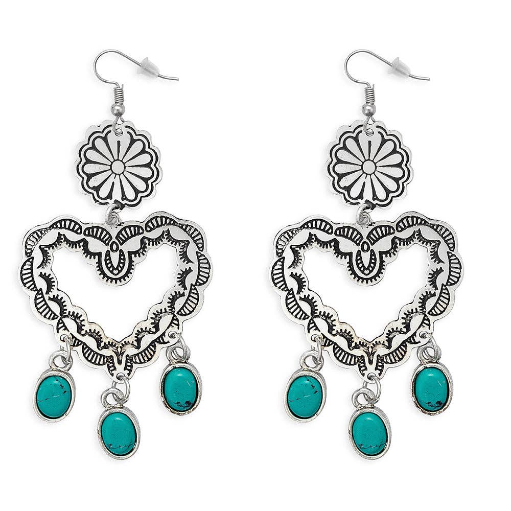 Amore Mio Turquoise Heart Pendant Earrings – Silver Engraved Western Drop Jewelry