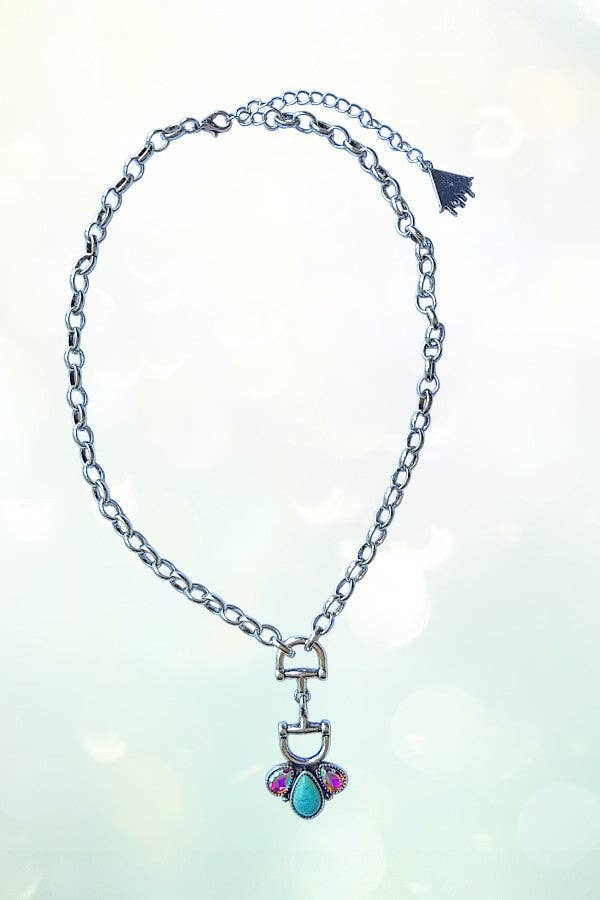 WESTERN SNAFFLE BIT TQ GEMSTONE PENDANT CHAIN NECKLACE