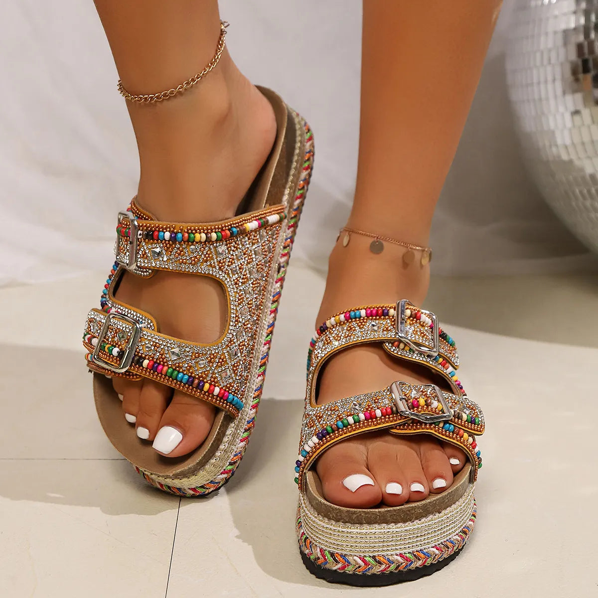 Beaded Buckle Platform Sandals showcasing intricate beadwork and adjustable buckles for stylish summer footwear.