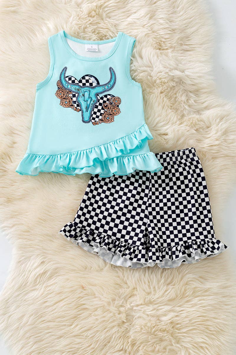 Bull skull on ruffle top and checkered shorts w/ruffle trim.