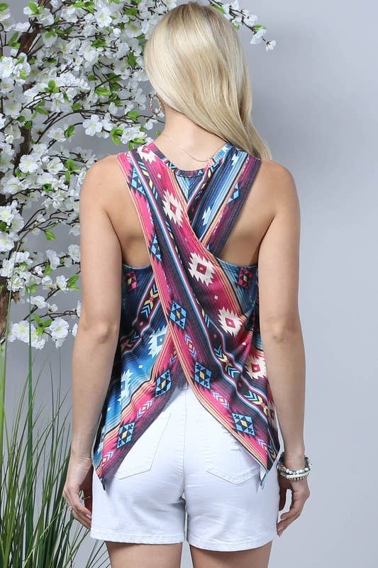 VALERIA AZTEC SERAPE PRINT CROSS BACK SLEEVELESS TOP