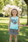 Bull skull on ruffle top and checkered shorts w/ruffle trim.