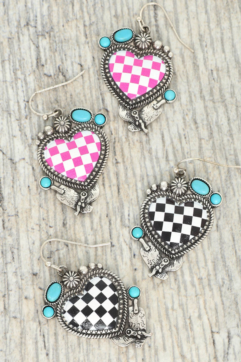 Western Turquoise Checkered Heart Earrings