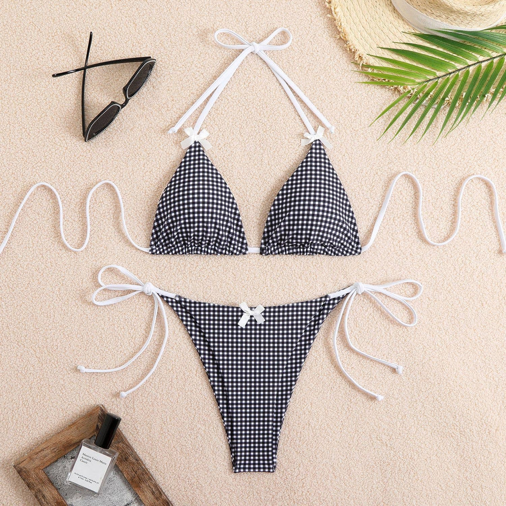 Check Bow Sexy Split Bikini Swimsuit