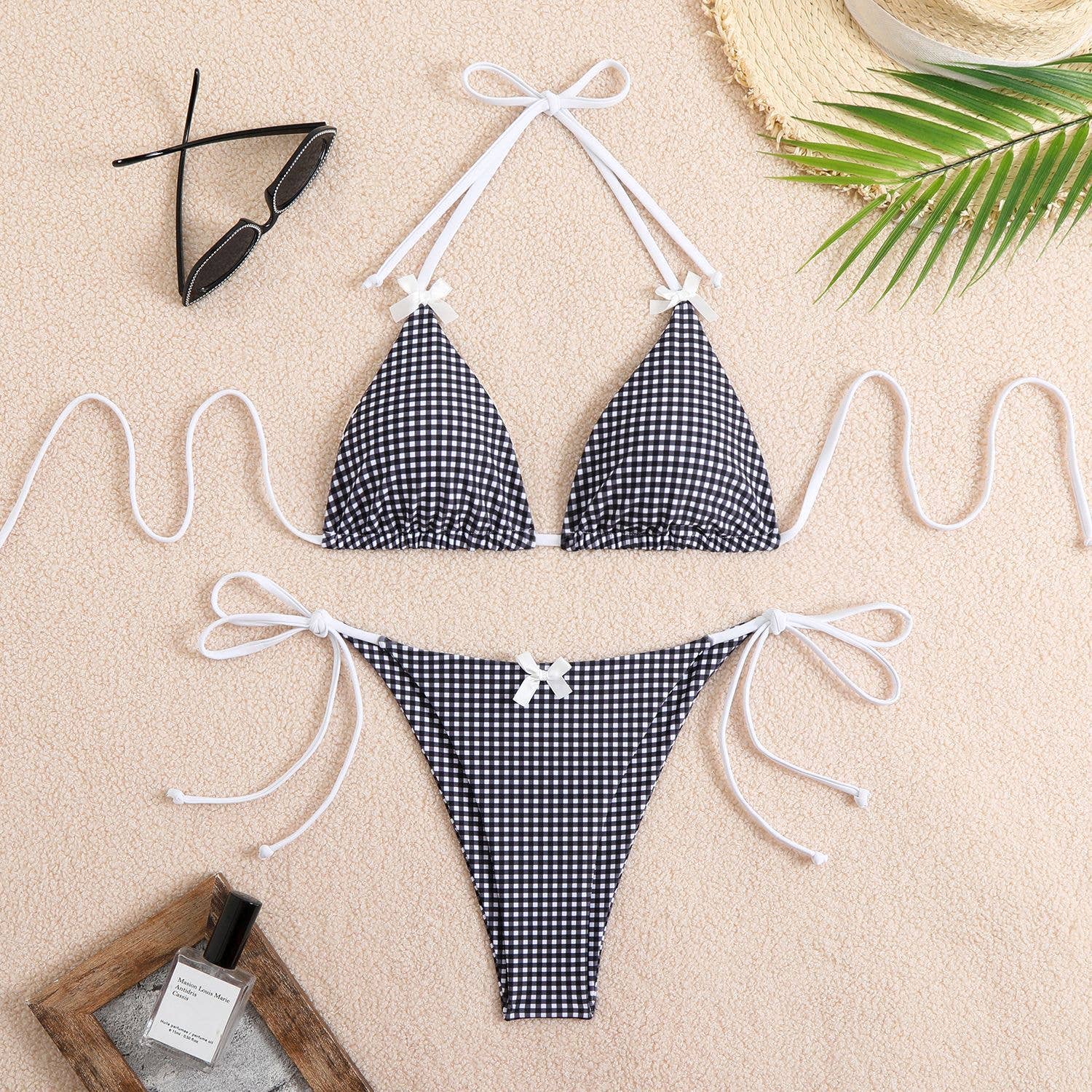 Check Bow Sexy Split Bikini Swimsuit