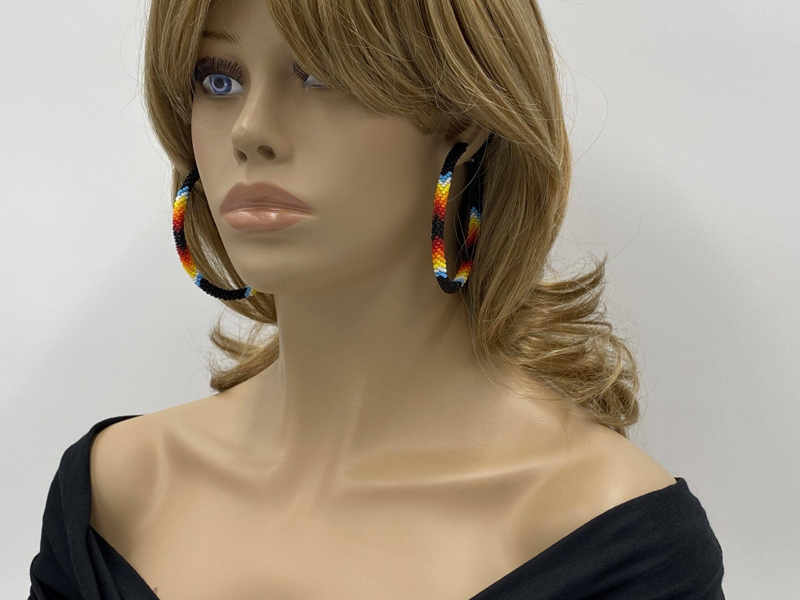 Handmade Native Style Hoop Earrings 3" - Black Fire Beaded