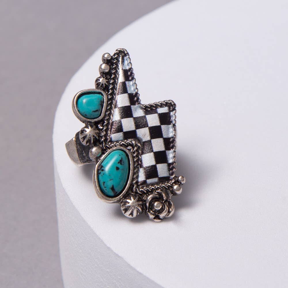 Western Checker Flag Turquoise Embellished Lightning Ring
