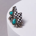 Western Checker Flag Turquoise Embellished Lightning Ring