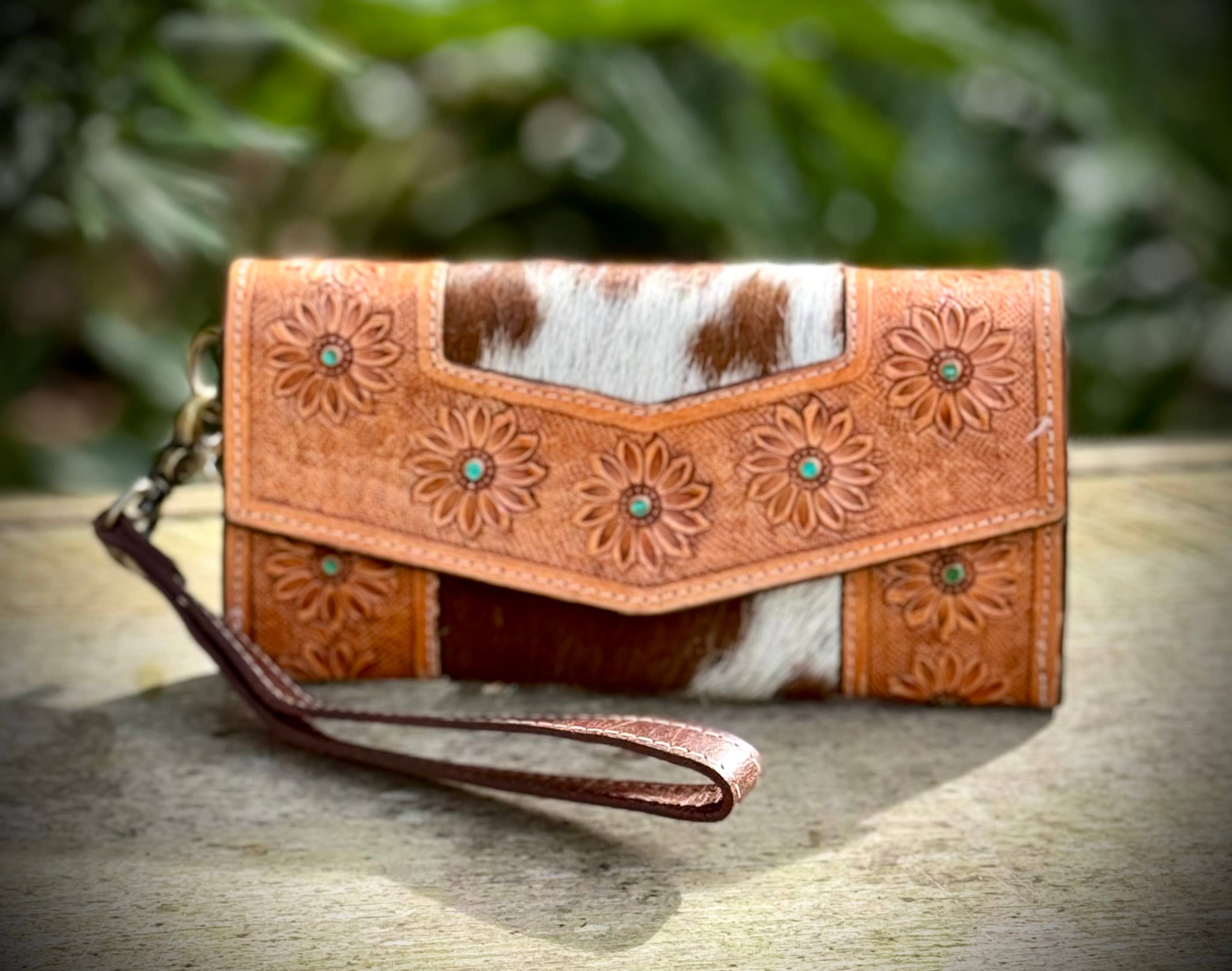 Cowhide Leather Wallet Wristlet Western Rodeo 