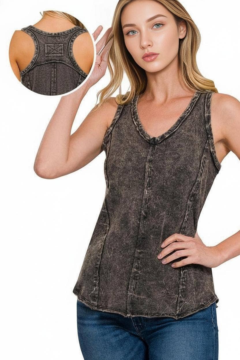 `.Washed Raw Edge V Neck Sleeveless Top