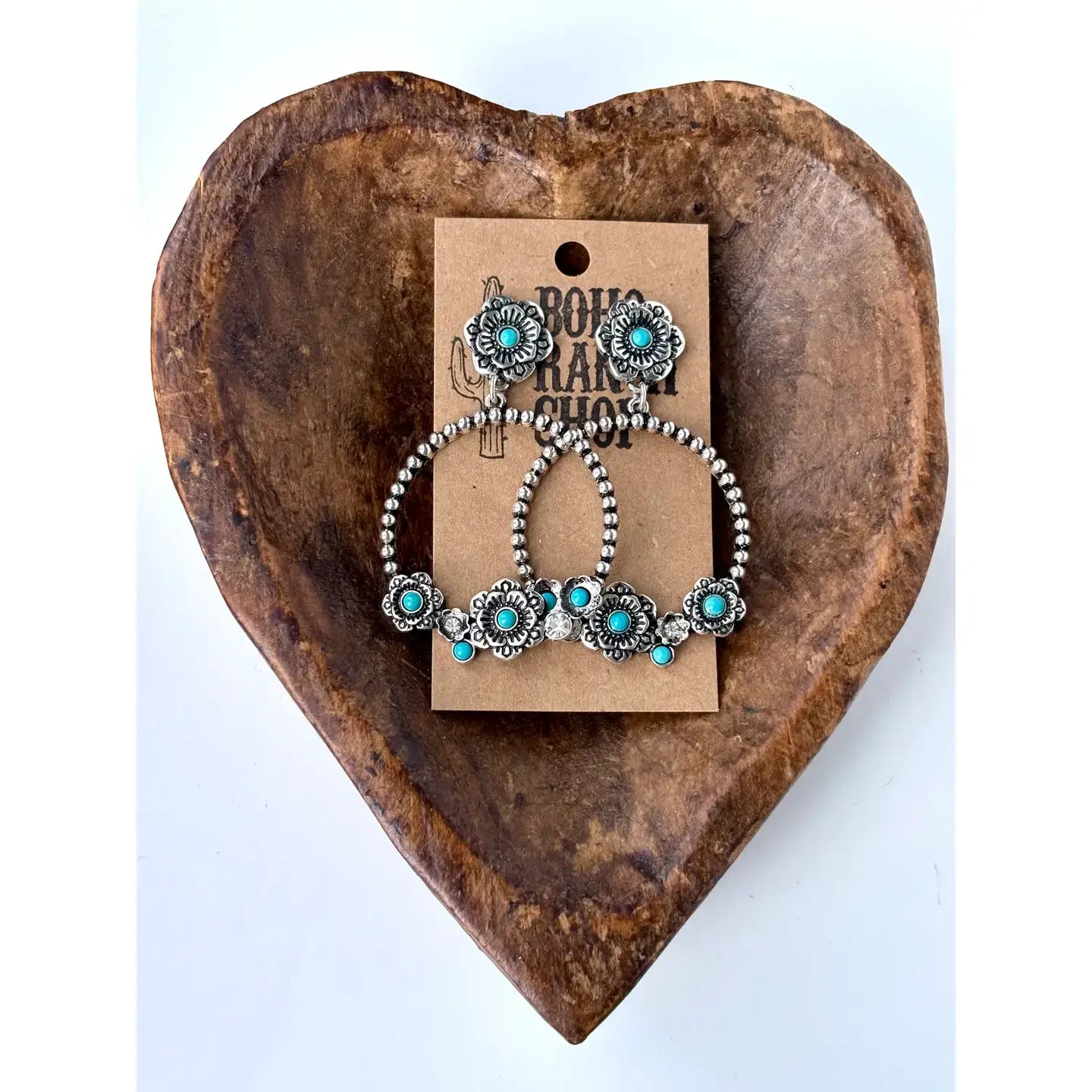 Western Style Flower w/ Stone Hoop Post Drop Earrings