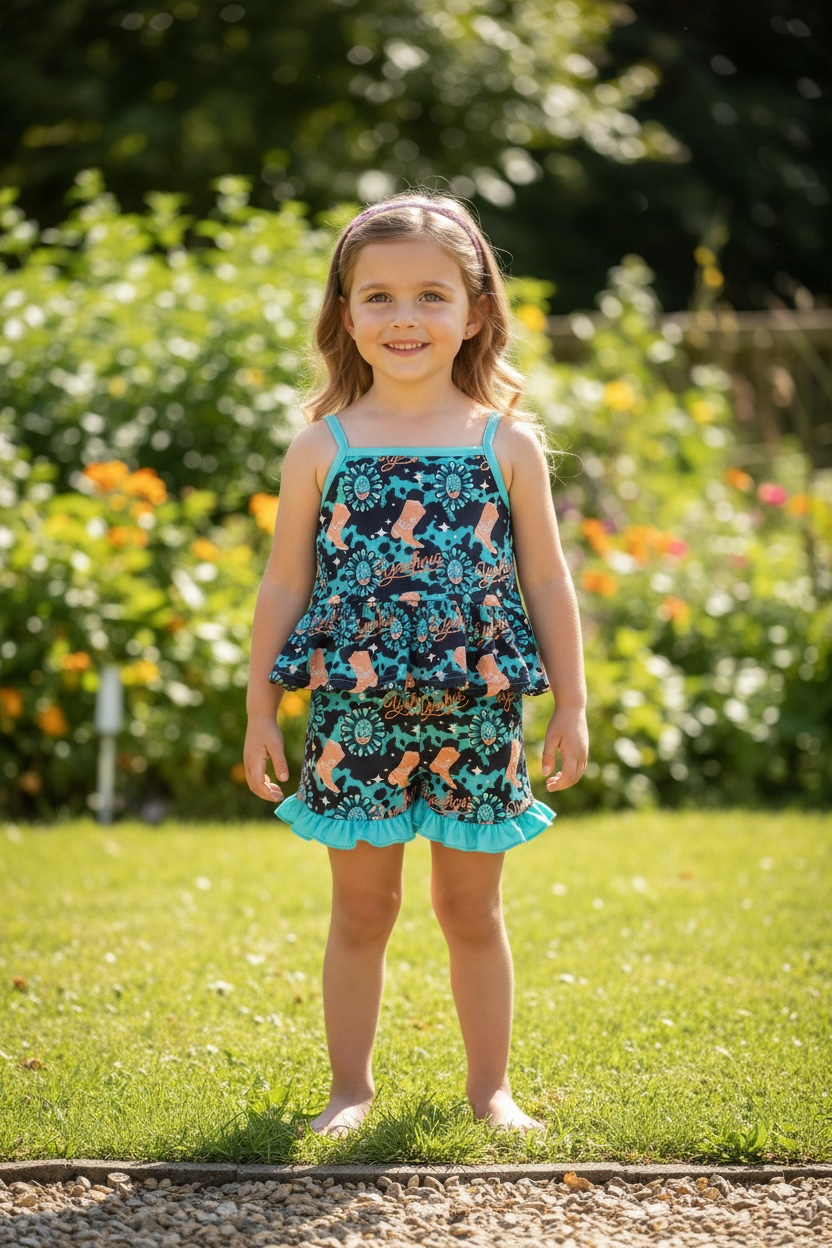 Concho & western printed boot ruffle tunic and shorts.