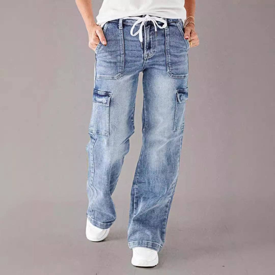 Women Fashion Casual Cargo Jeans with Pockets and Lace-Up Detail