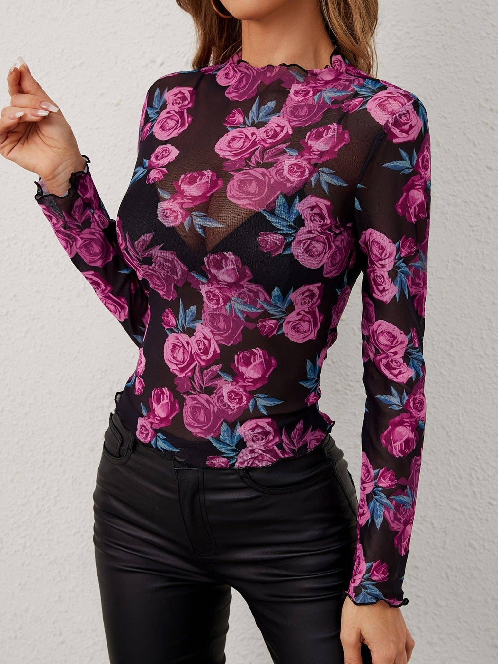 Elegant Floral Printed Sheer Blouse with Ruffle Collar