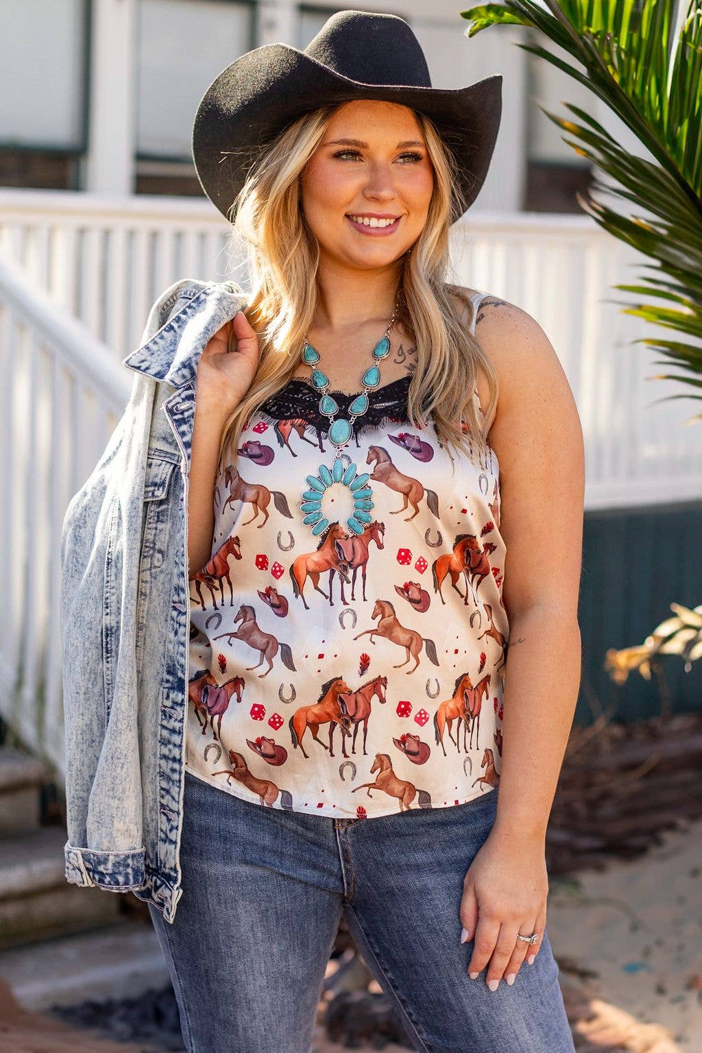 Off To The Races Lace Trim Satin Tank