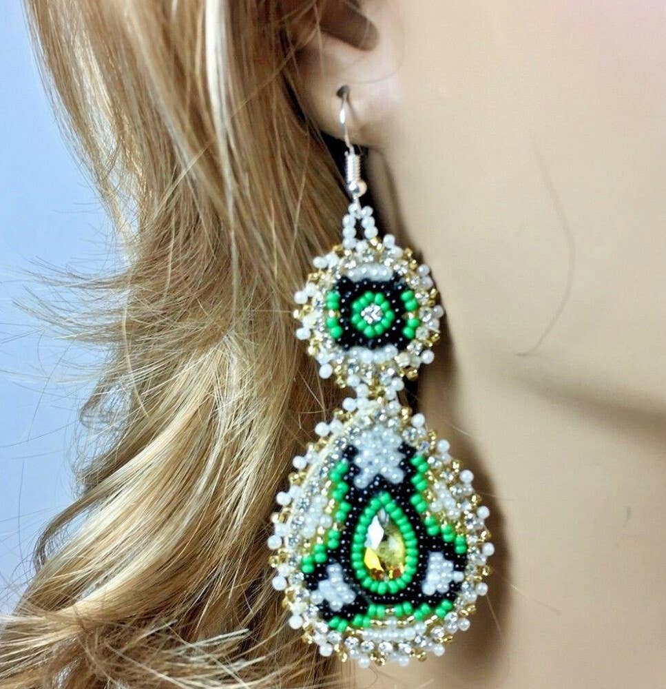 Handmade Teardrop Czech Seed Bead Earrings - 3.5 inches long
