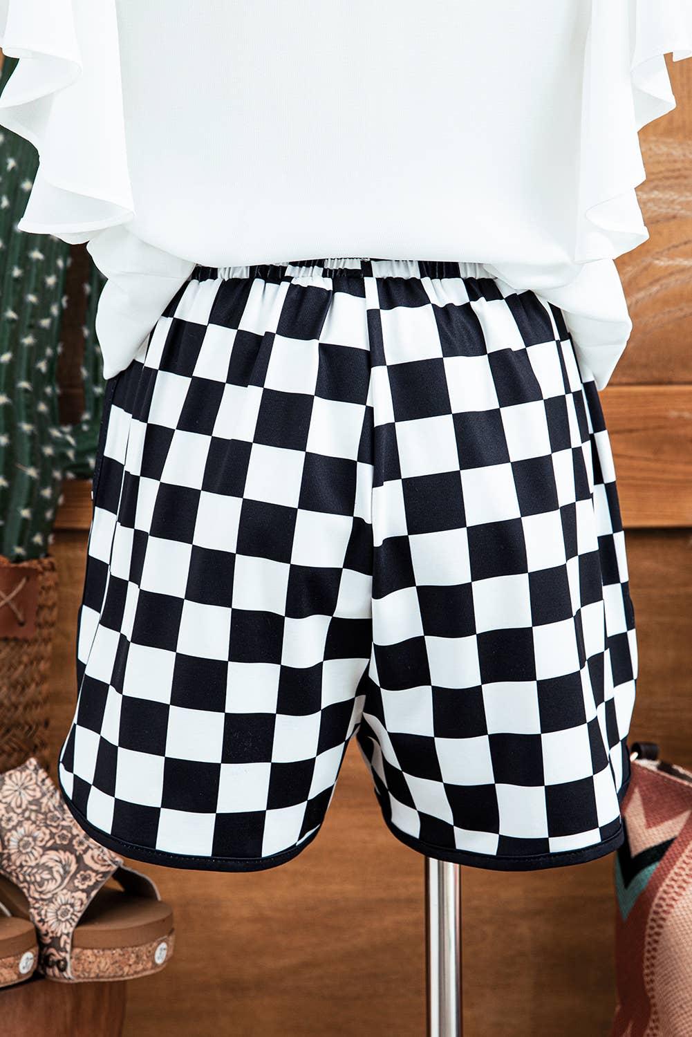 Fashion-W Checkered Drawstring Waist Casual Shorts