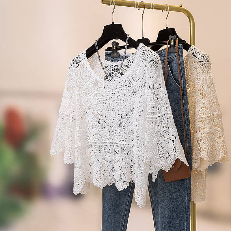 Bohemia Crochet Lace bell flare sleeve tee top cover up