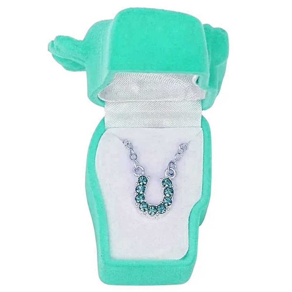 Aqua Rhinestone Horseshoe Necklace in Pony Head Gift Box