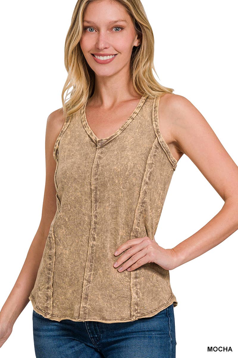 `.Washed Raw Edge V Neck Sleeveless Top