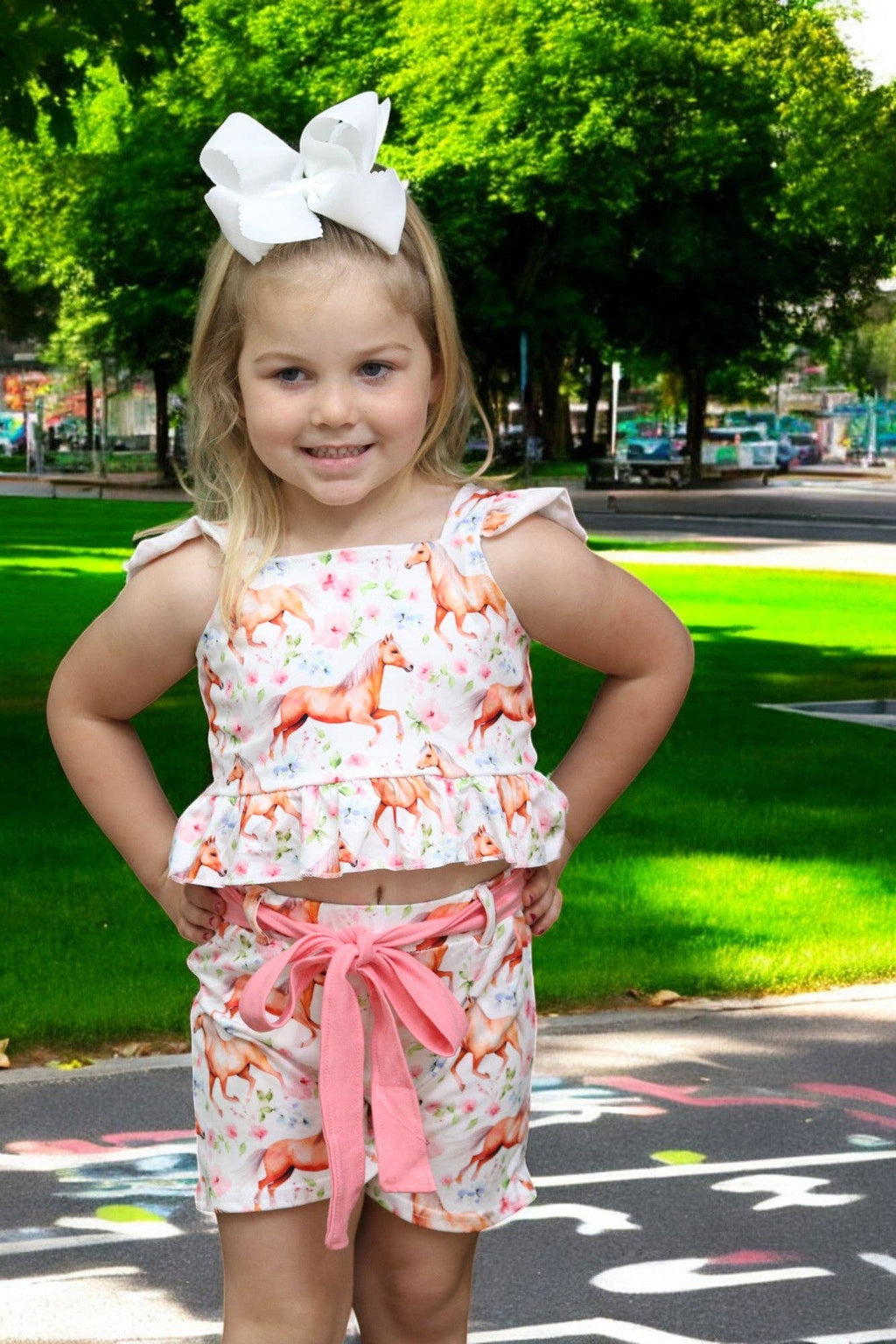 (Western) Horse printed girls short set w/open back.