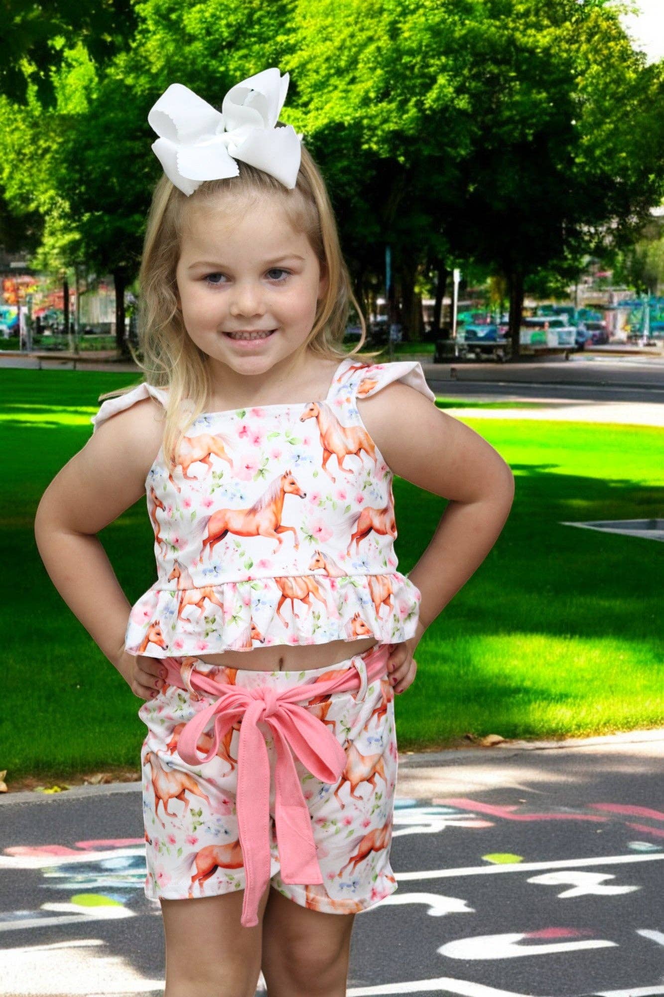 (Western) Horse printed girls short set w/open back.