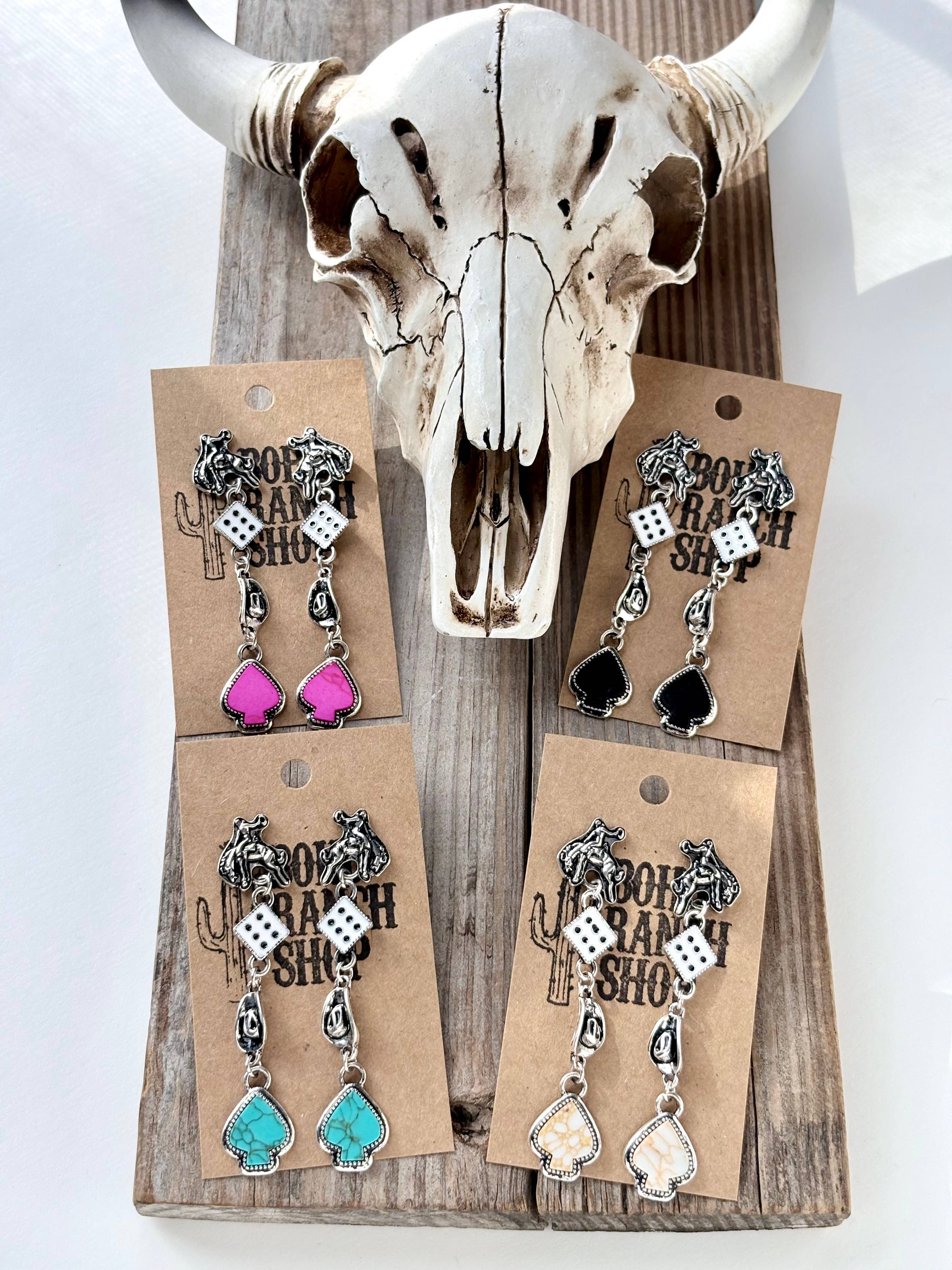 4 Tier Western Rodeo Dice Spade Stone Post Drop Earrings