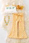 Daisy embroidered crop top & yellow pants w/polka dot.