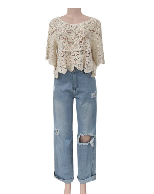 Bohemia Crochet Lace bell flare sleeve tee top cover up
